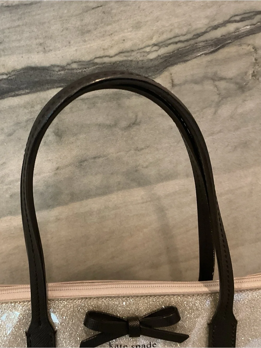kate spade Glitter Tote in Ivory with Black Handles